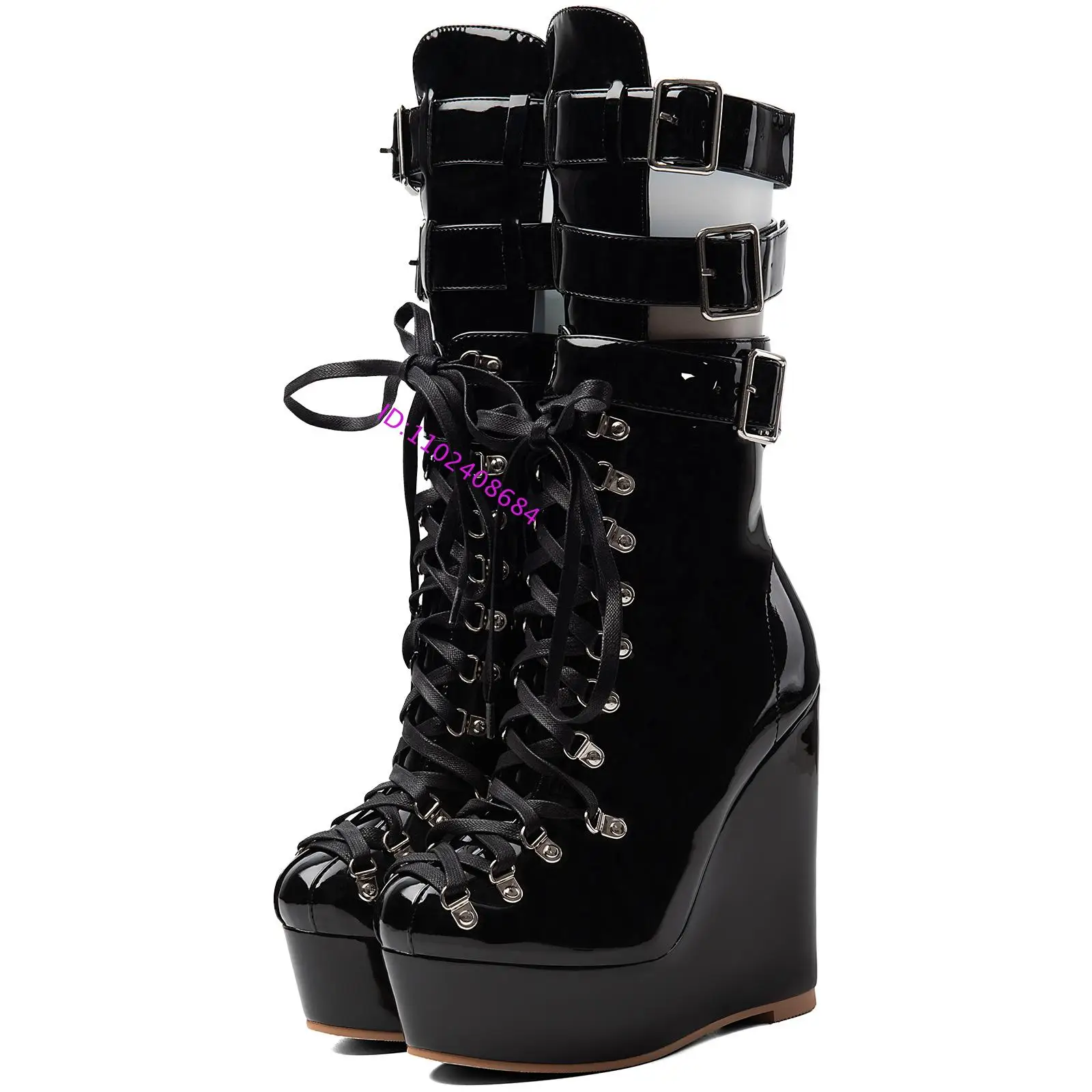 Desiger Women Black Patent Leather High Platform Wedge Heel Lace Up Belt Buckle High Top Ankle Boots