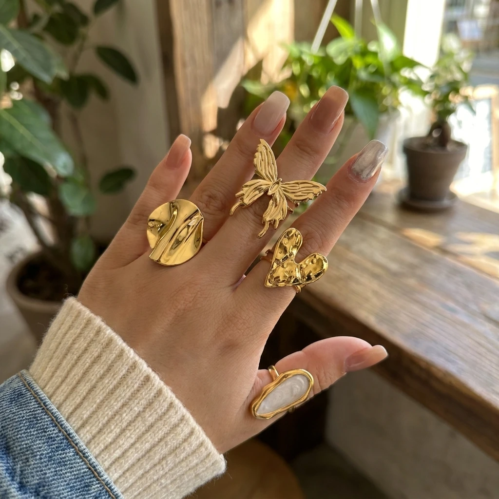 Zarte, vergoldete Edelstahl-Offenringe für Damen, Y2K, auffällige Schmetterlings- und Herzringe, unregelmäßige Ringe, Statement-Schmuck, wasserdicht – Detail 3