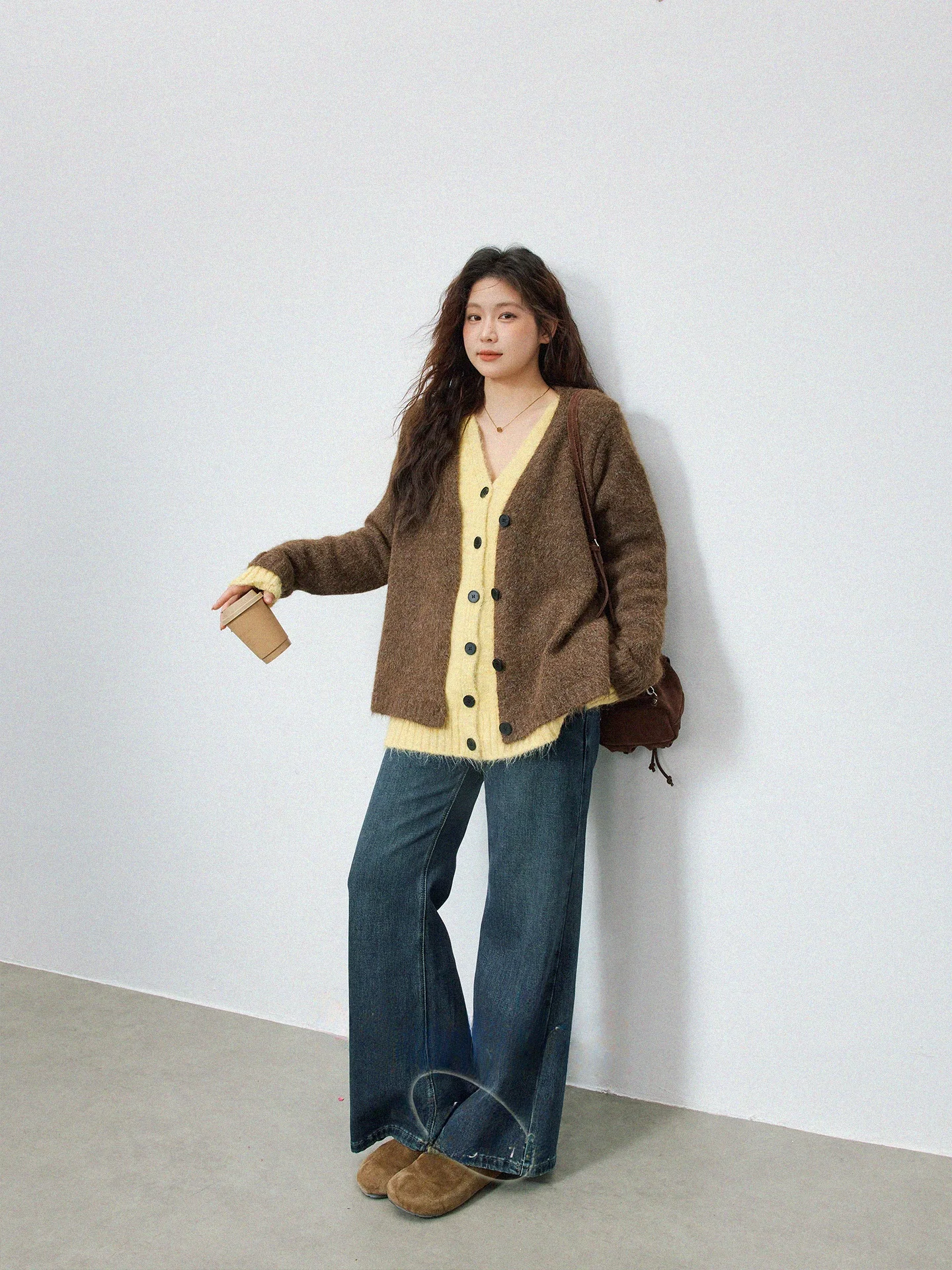 

plus Size Women's Retro Color Blo Knitted Cardigan Long Sve V-Ne Brown Sweater Casual Commute Sle High Waist A-Line ...