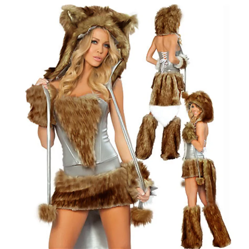 

Brown Sexy Plush Animal Costume for Women Halloween Party Furry Wolf Cosplay Costumes 5 Pieces Adult Girls Carnival Outfits Sets
