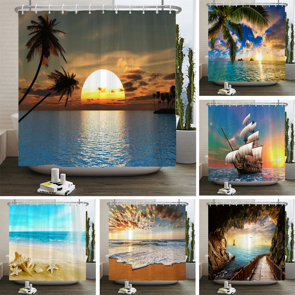 Sunlight Ocean Scenery Shower Curtains Decoration Waterproof Fabric Sunset Dusk Sea Dolphin Cowboy Bath Curtain Bathroom Screen