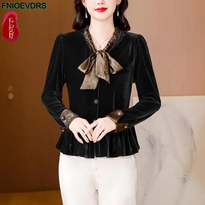 Loose Clothes Women 2024 Autumn Winter Elegant Office Lady Button Shirts Casual Retro Vintage Ruffles Bow Peplum Tops Blouses