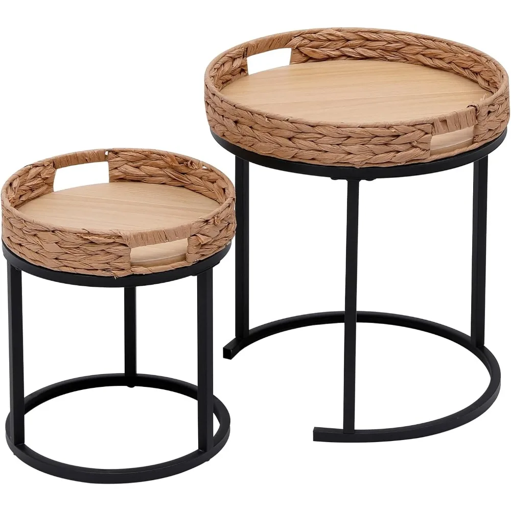 

Pair of Small Round Stackable Side Tables with Metal Frame for Living Room, Bedroom, and Office