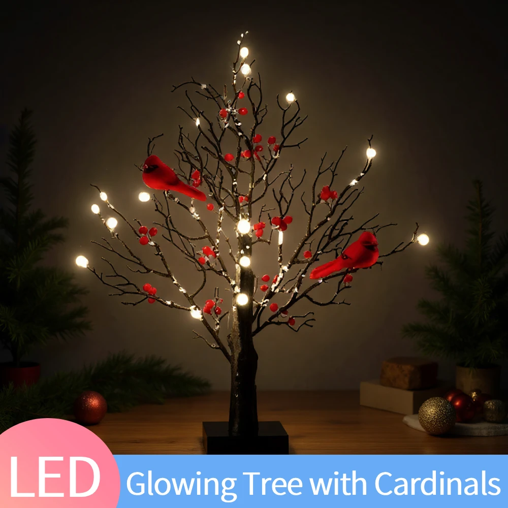 

Мини березовое светодиодное кардинальное маленькое красное птичье украшение стола, винтажное светящееся дерево с подсветкой кардиналов для рождественской домашней столешницы