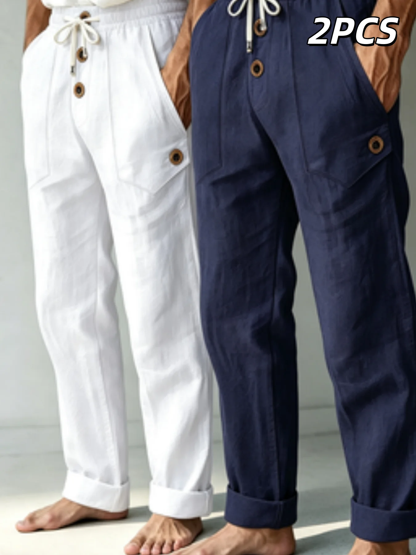 2 Pack Men's Linen Blend Casual Pants, Elastic Waist Drawstring Cargo Trousers with Side Pockets for Beach Vacation Daily Wear
