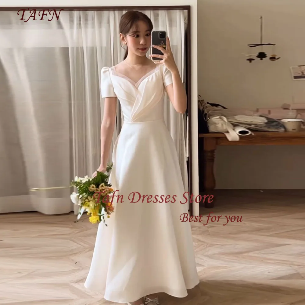 

TAFN Simple Wedding Dresses V-Neck Short Sleeves Bridal Gown Photo Shoot A-line White Elegant 한국 웨딩드레스 Reception Dresses