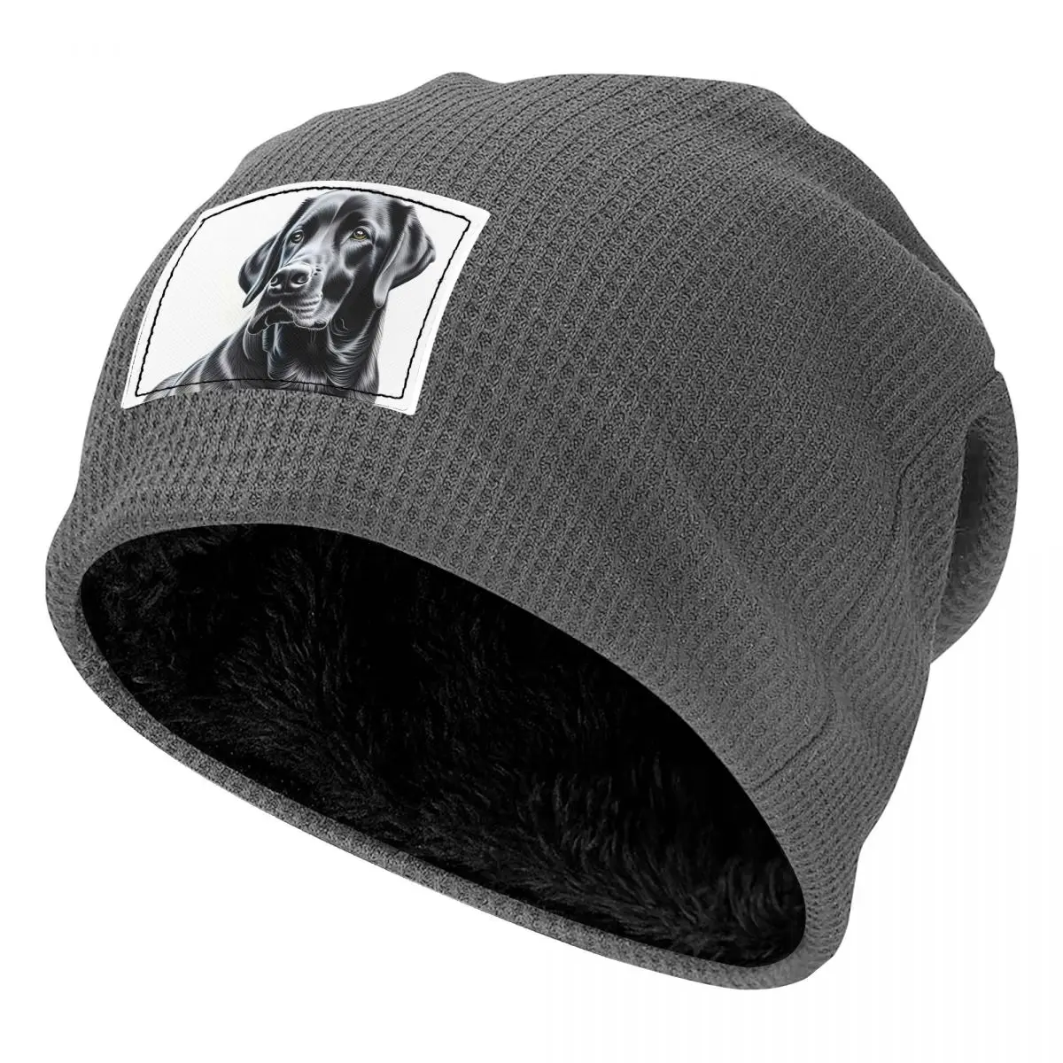Black Labrador Retriever Waffle Knit Fleece Lined Beanie with PU Leather Patch Unisex Warm Winter Soft Cap