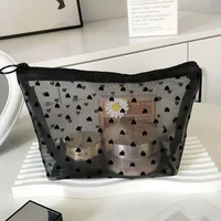 Bolsa de maquillaje transparente para mujer y niña, bolsa de almacenamiento de viaje para lavado, estuche organizador de maquillaje, bolsa de cosméticos de malla con corazón de amor, 1 Uds.