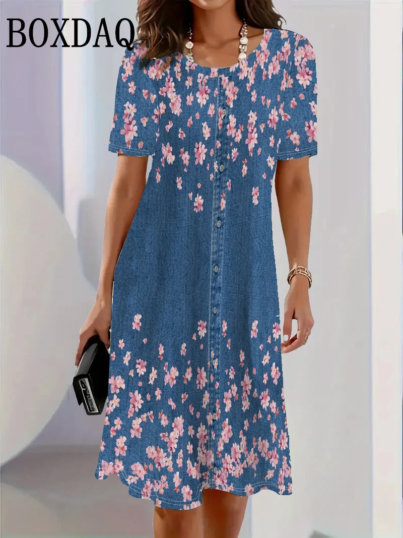 2025 패션 트렌드 3D 이미테이션 데님 패턴 여성 드레스 여름 스트릿 반팔 O넥 루즈 캐주얼 플라워 프린트 드레스