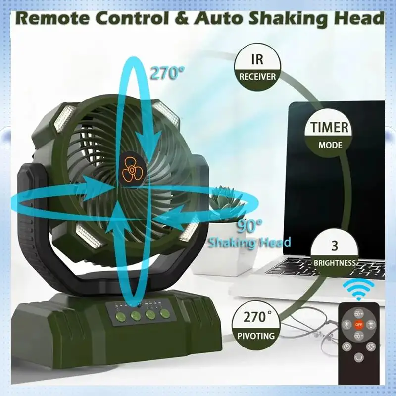 

ABHQ-Portable USB Rechargeable Camping Fan With LED Light, Oscillating Head And Hanging Hook For Outdoor Air Circulation