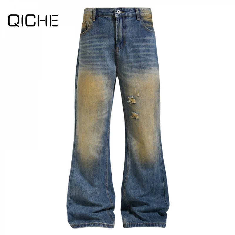 QICHE American Yellow Mud Wash Ripped Flare Jeans Men Retro Distressed High Waist Loose Draped Floor‑Length Bootcut Trousers