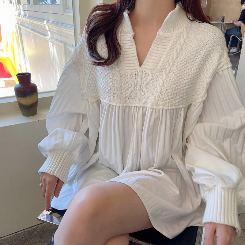 

Chic Autumnal Loose Fit V-Ne Knitted Bubble Sve irt Women's Faion Retro Patchwork Design Versatile Casual Top