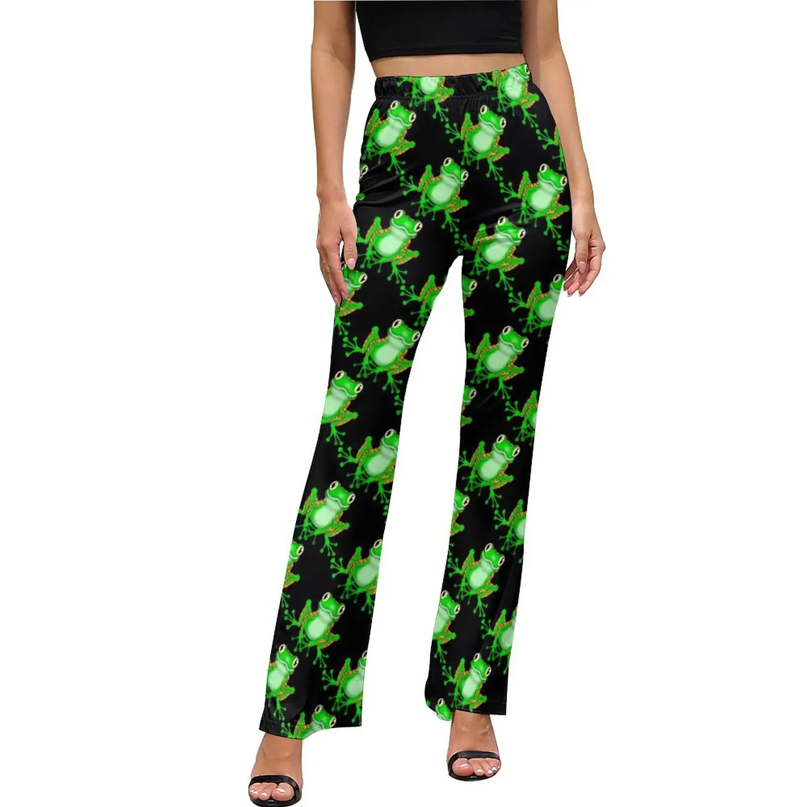 

Funny Frog Casual Pants Female Green Animal Print Slim Aesthetic Flared Pants Autumn Sexy Workout Graphic Trousers