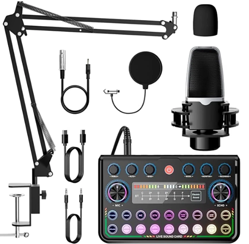 P99 Live Sound Card Audio Mixer Kit With MC98 Microphone Bluetooth Noise Reduction OTG for Phone PC Live Stream Karaoke Recordin