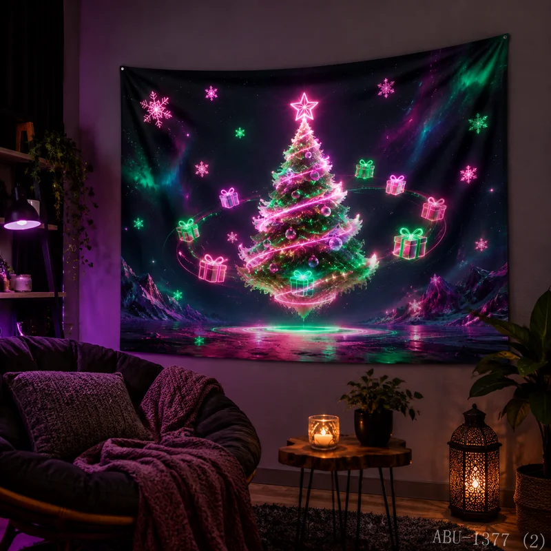VIKAMA Neon Pink Green Tree Orbiting Gift Snowflake Mountain Water Reflection Christmas Tapestry Bedroom Living Room Dorm Home