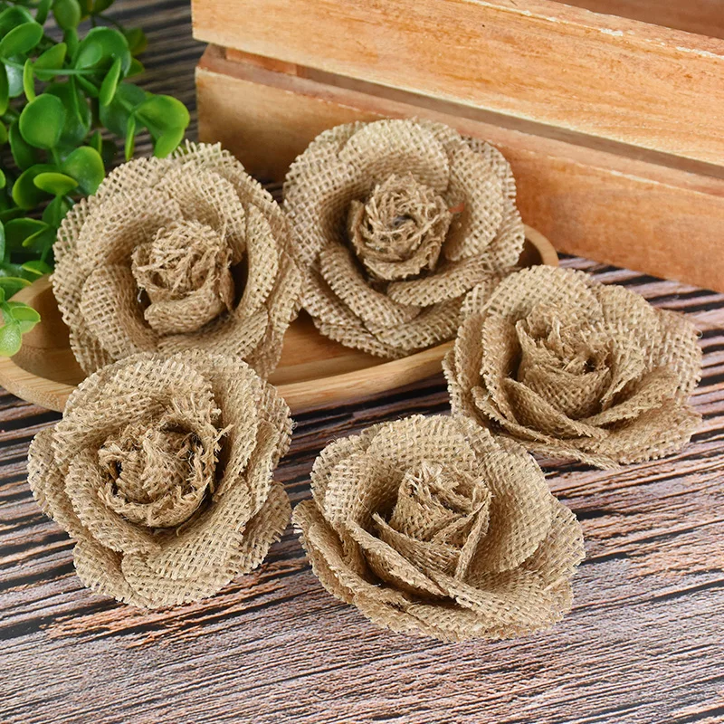 2/3/5pcs Natural Jute Burlap Hessian Rose Artificial Flower Rustic Vintage Wedding Party Decoration Handmade DIY Craft Accessory