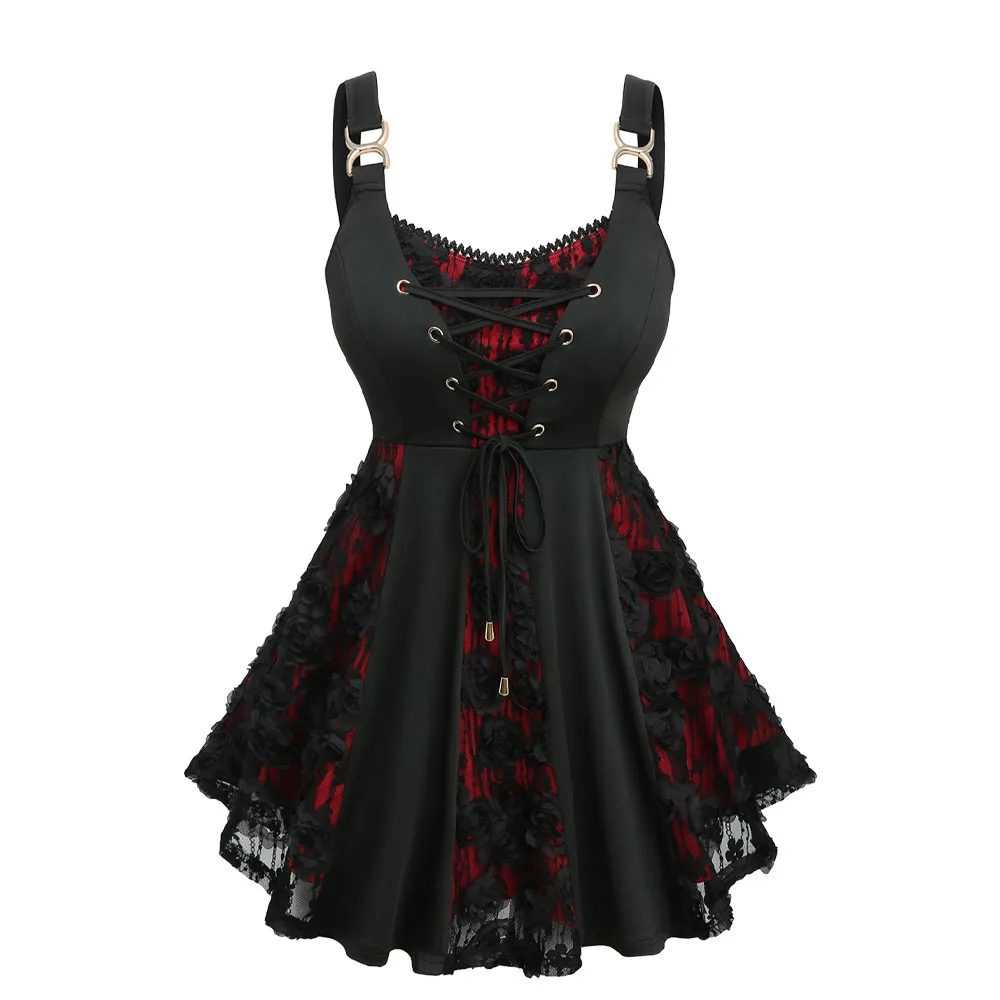 ROSEGAL Plus Size Lace-up Lace Jacquard Tank Top Grommets Detail Women's Casual OverSize Straps Tops Vest New