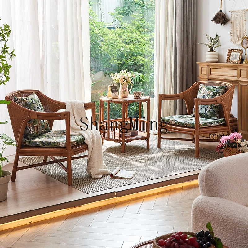 

ZYY antique rattan chair three-piece set retro single sofa chair B & B flower cloth seat cushion rattan chair