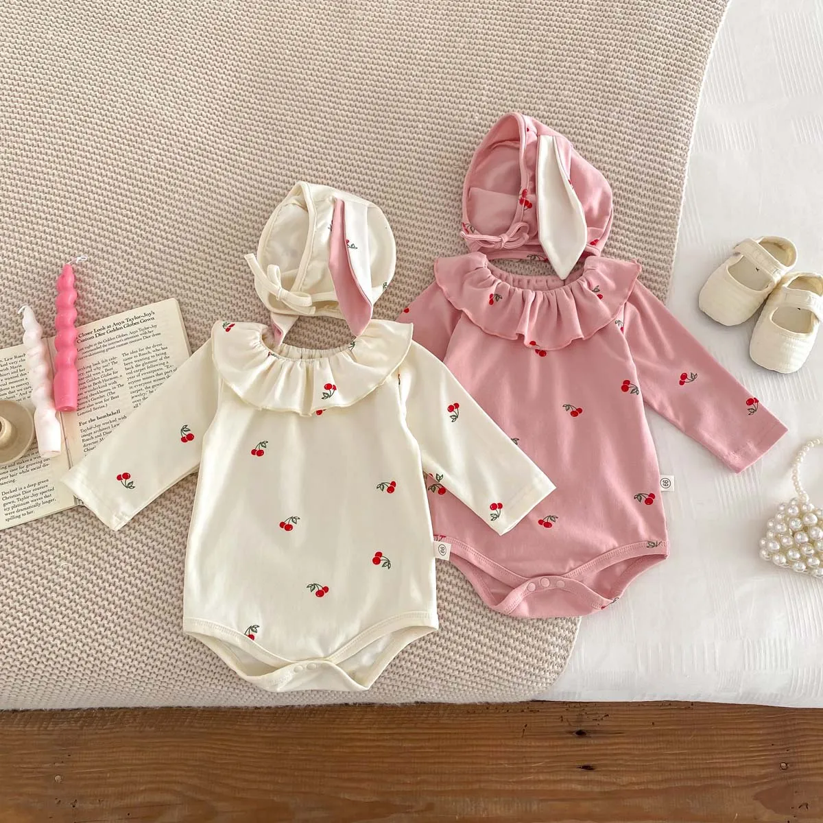 

Autumn Baby Girls Romper Cotton Cherry Rabbit Long Sleeved Baby Jumpsuit 0-2 Years Old Newborn Baby Clothing with Hat