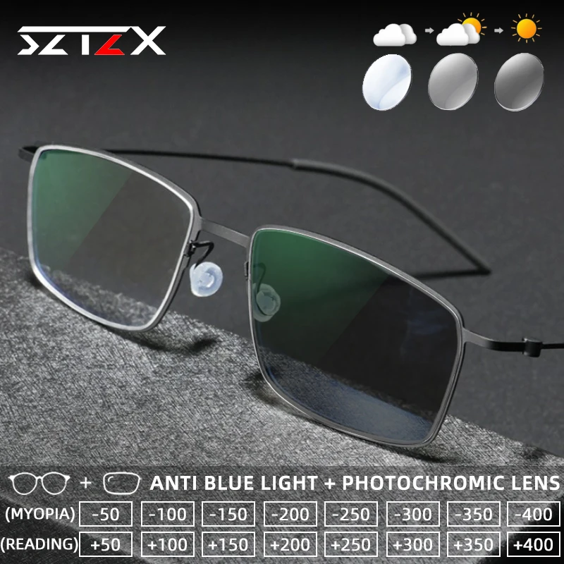 

SZTZX Classic Screwless Titanium Photochromic Reading Eyewear Anti Blue Light Myopia Glasses Progressive Prescription Glasses
