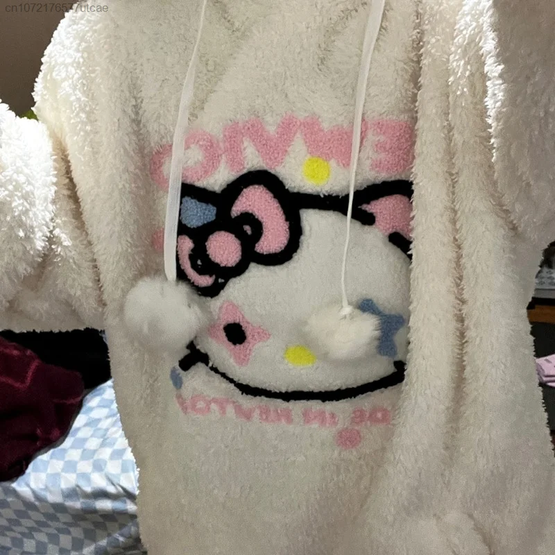 Sanrio Hello Kitty Punk Star Fashion Embroidery Hoodie for Women In Autumn And Winter, Plush Thick Cute Hoodie Clothes