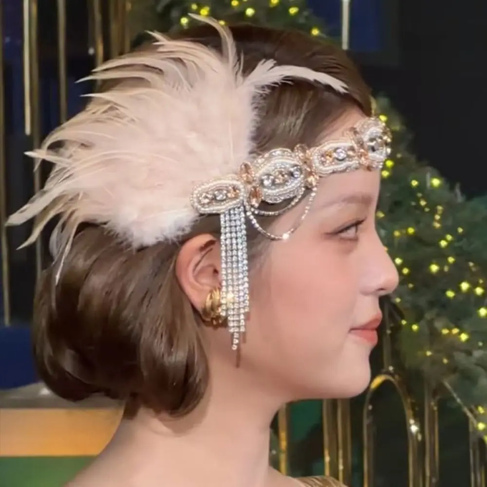 Vintage Gatsby Style Feather Headband Fascinator Zircon Cosplay Dress Headwear Rhinestone Tassel Gatsby Headpiece