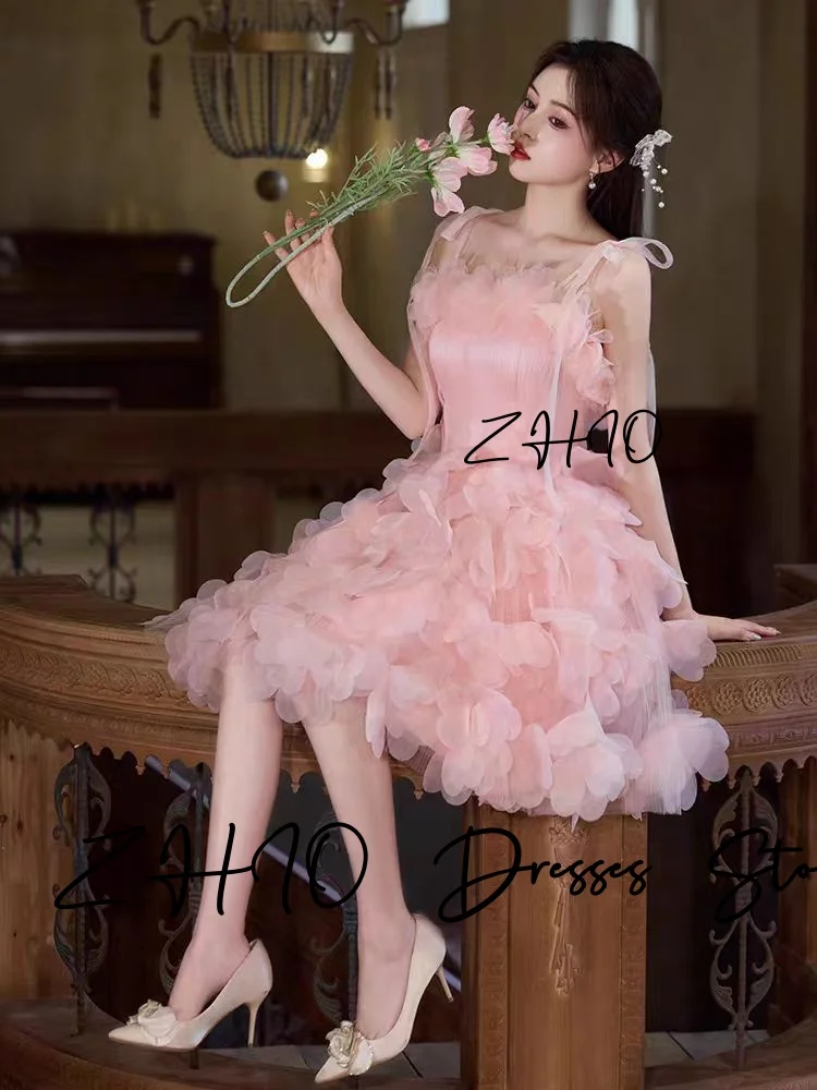 ZHIO Elegant Pink Wedding Party Dress Sweetheart Spaghetti Straps Draped A-Line Organza Birthday Short Prom Gown Customized
