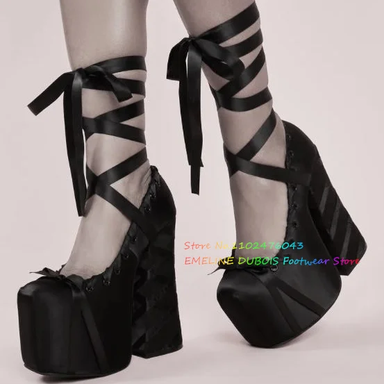 Lolita Sweet Tie Platform Thick Heel Single Shoes Girl Smooth Stain Ribbon Wrap Ballet Heels Ankle Strap Lace Up Bow Sandals