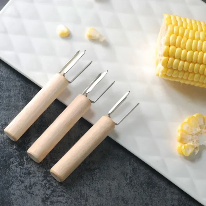 Corn Holders Stainless Steel Wooden Handle Cob Skewers BBQ Anti Scalding Fruit Forks Outdoor Garden Picnic Cooking Tools