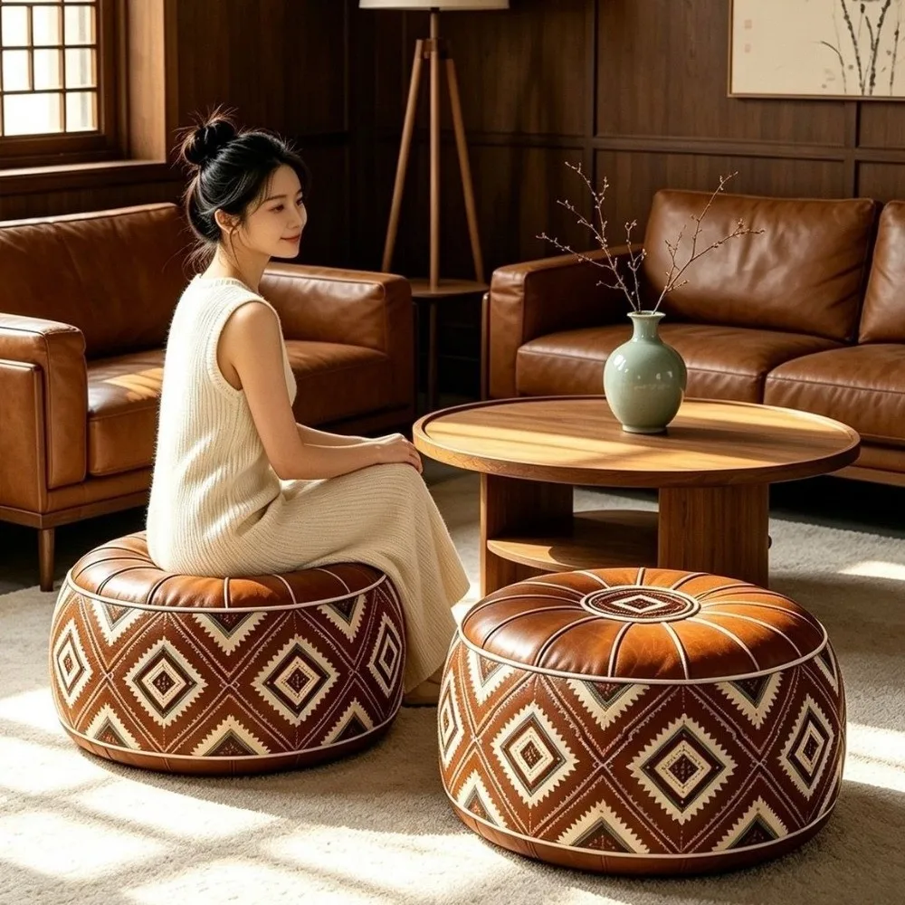 PU Leather Boho Style Seat Cushion Cover Unstuffed Fillable Design Round Footstool Cover Large Capacity Waterproof