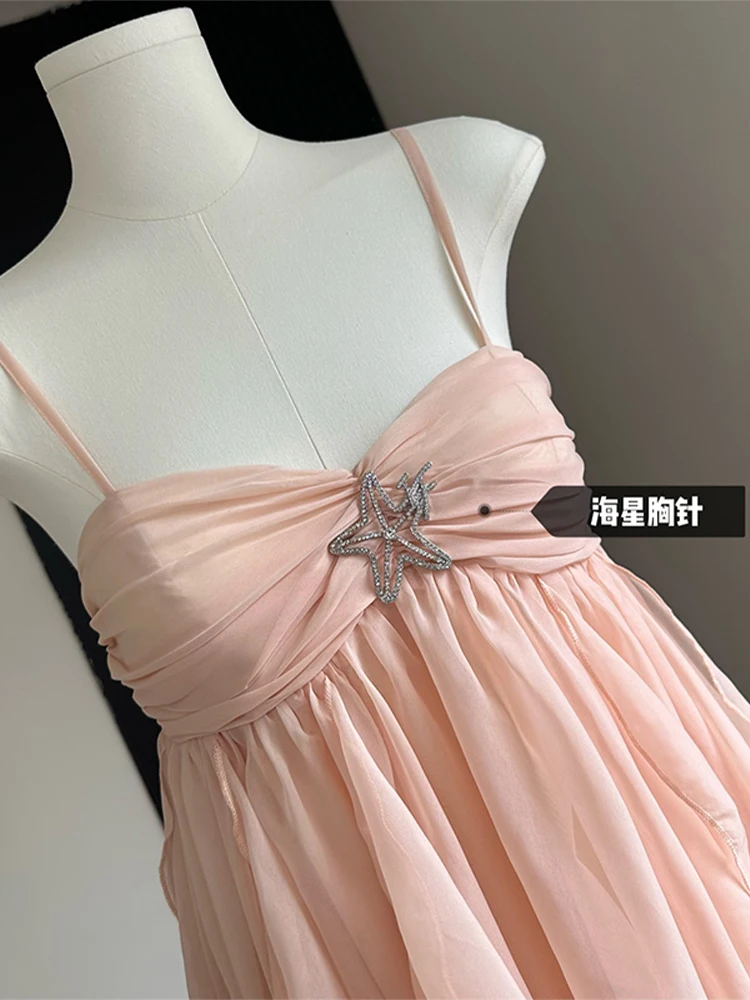 2023 Fashion New Women Vacations Pleated Suspender Vestidos Solid Color Irregular Ruffle Design Female Dress Vintage Cozy Chic