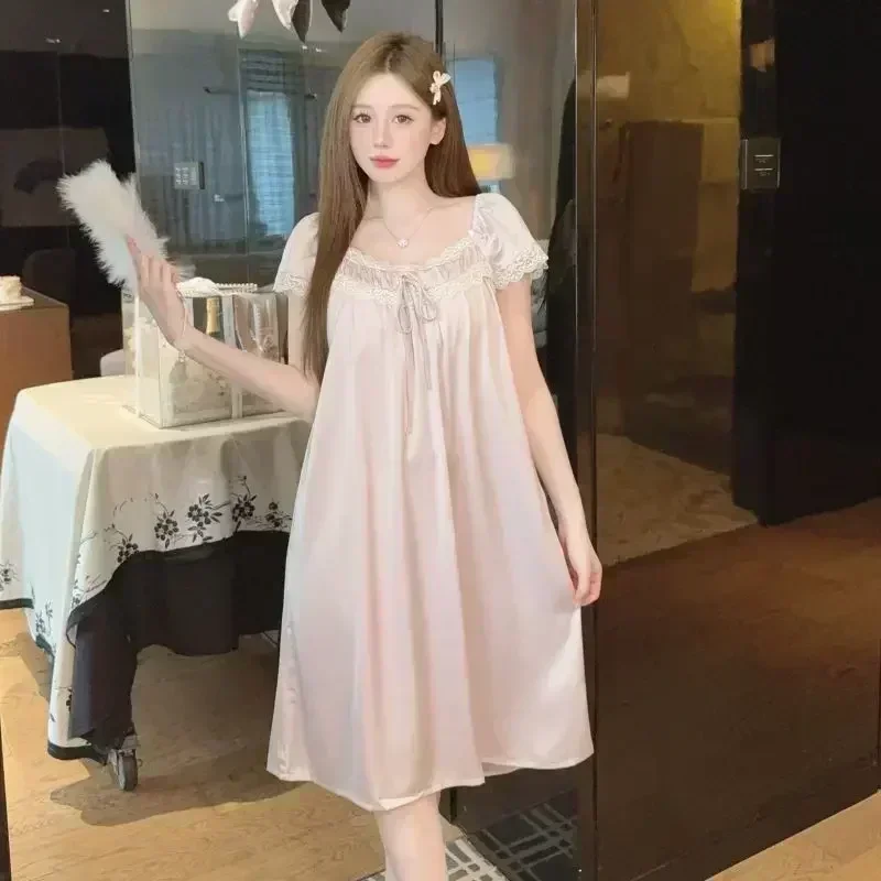 

2026 Summer Short Sleeve Ice Silk Satin Sexy Lace Lingerie Nightgown For Women Cute Sleepwear Night Dress Nightdress Home Nighty