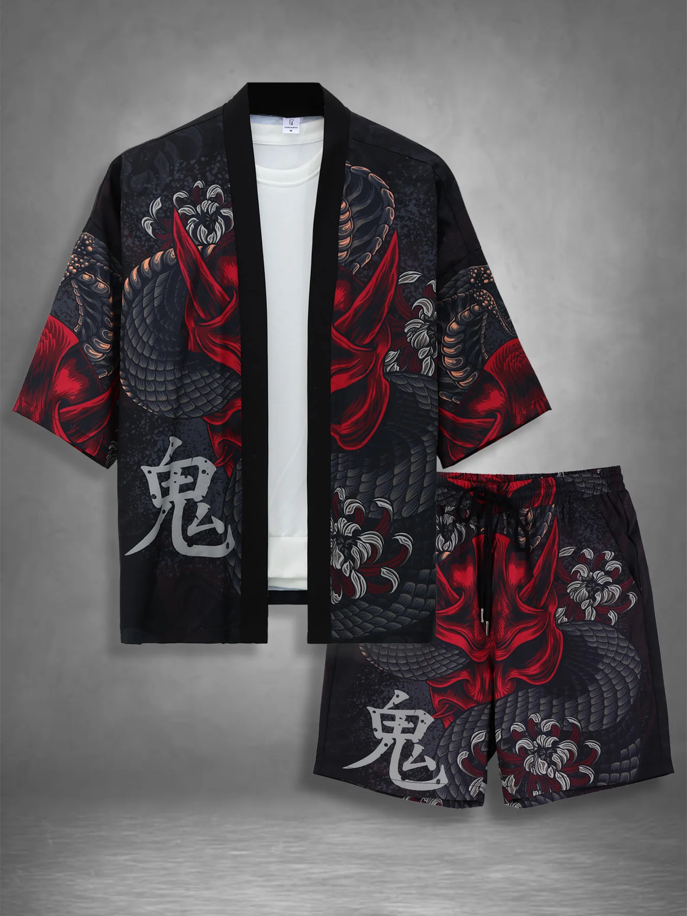 Men's Japanese Oni Mask Kimono Set 2 Piece Seven-Sleeve Kimono & Drawstring Shorts Outfit