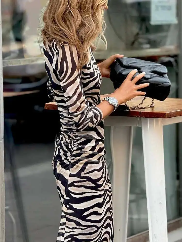 Nuevo cuello redondo mujer Casual estampado verano Vintage mujer manga larga ajustado 2025 Oficina señora vaina vestido hasta el tobillo