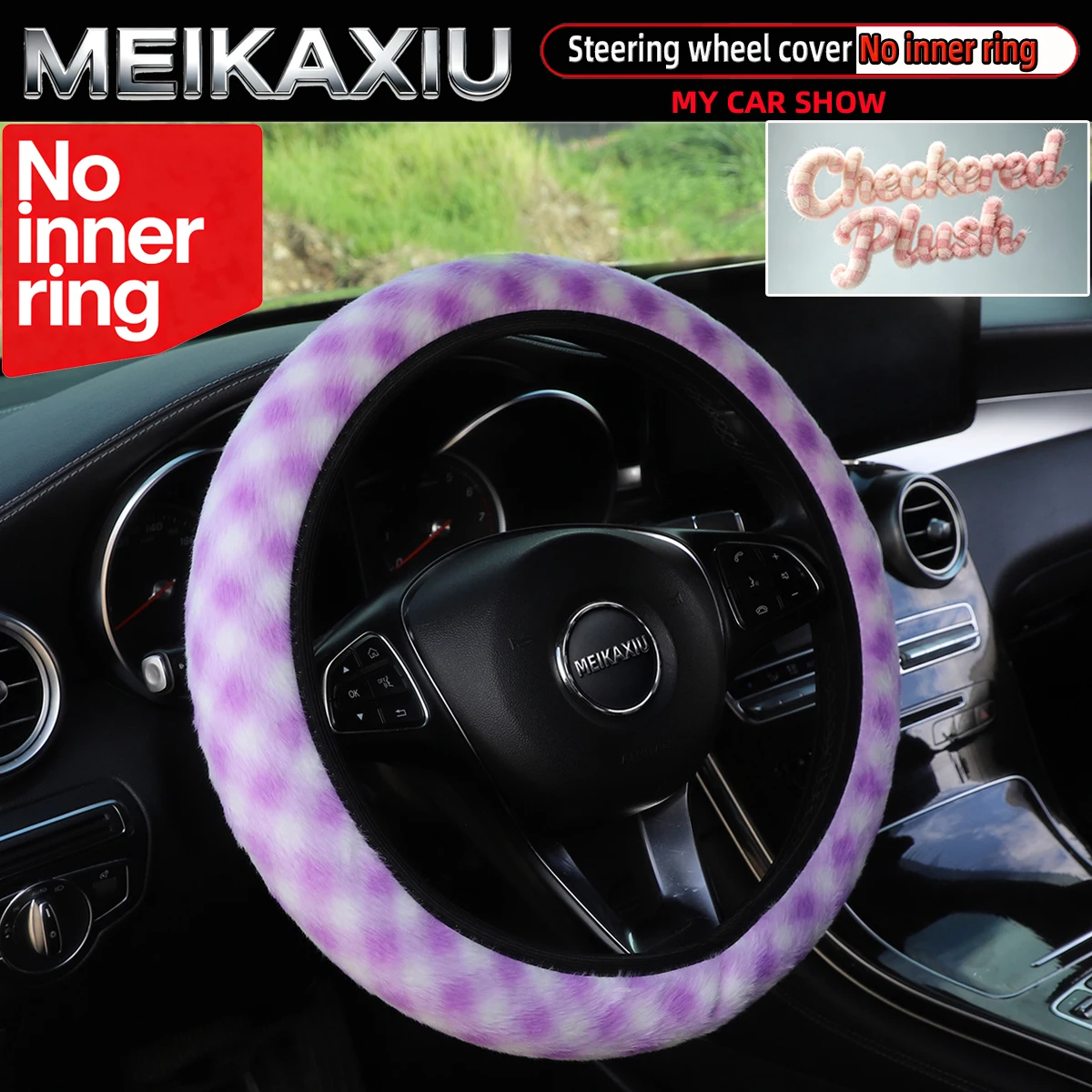 New style Women's Artificial Rabbit Fur Checkered Steering Wheel Cover Car Outer Rim Decorative Accessory 14.5-15 Inches