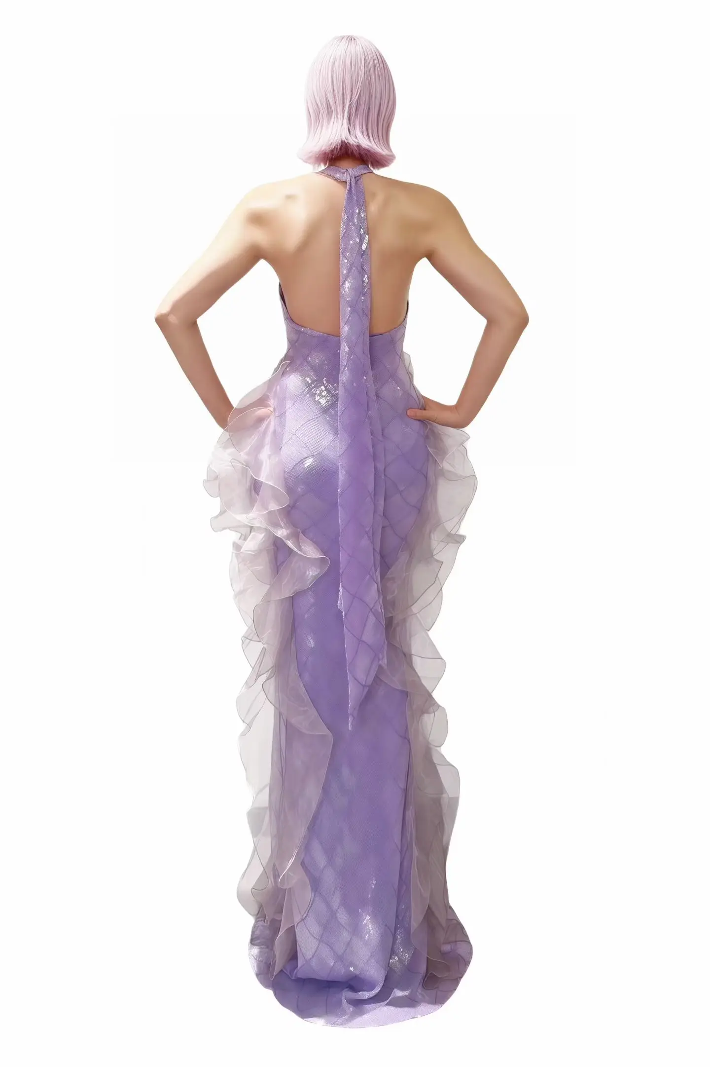 Yuni Elegant Halter Neck Lavender Sequined Mesh Mermaid Long Dress Irregular Cascading Organza Ruffle Bridal Gala Outfit - view 3