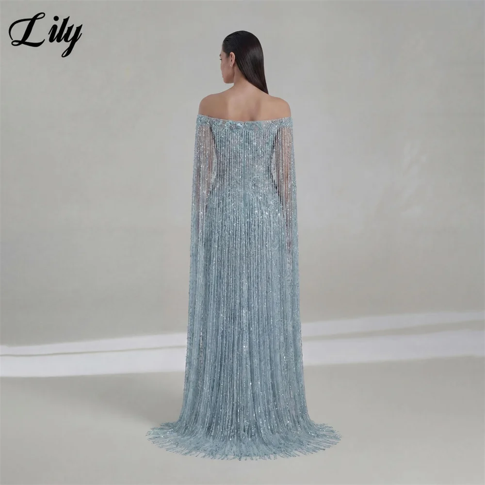 Lily Sky Blue Evening Gown Off Shoulder Long Fringe Sleeve Prom Dress Floral Embroider Wedding Dress robes de soirée Customized