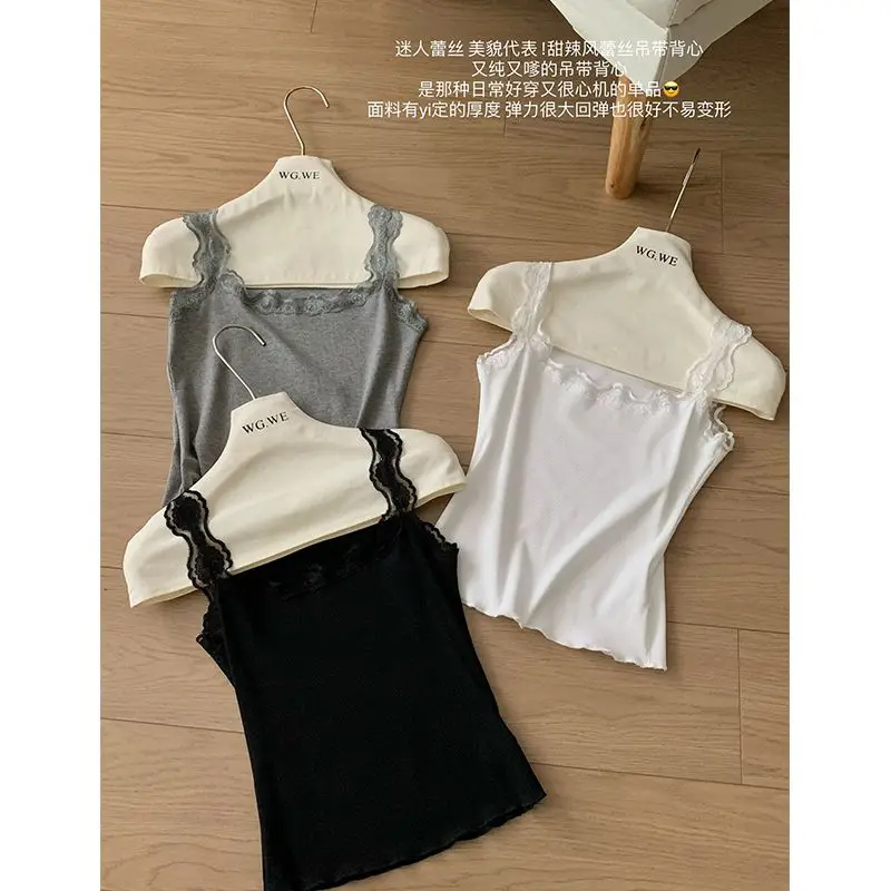 

Wholesale Lace Sleeveless T Shirts Women Slim Tops 2024 New Summer High Strecth T Shirt Ballet Style Basic Solid Thin Tanks Top