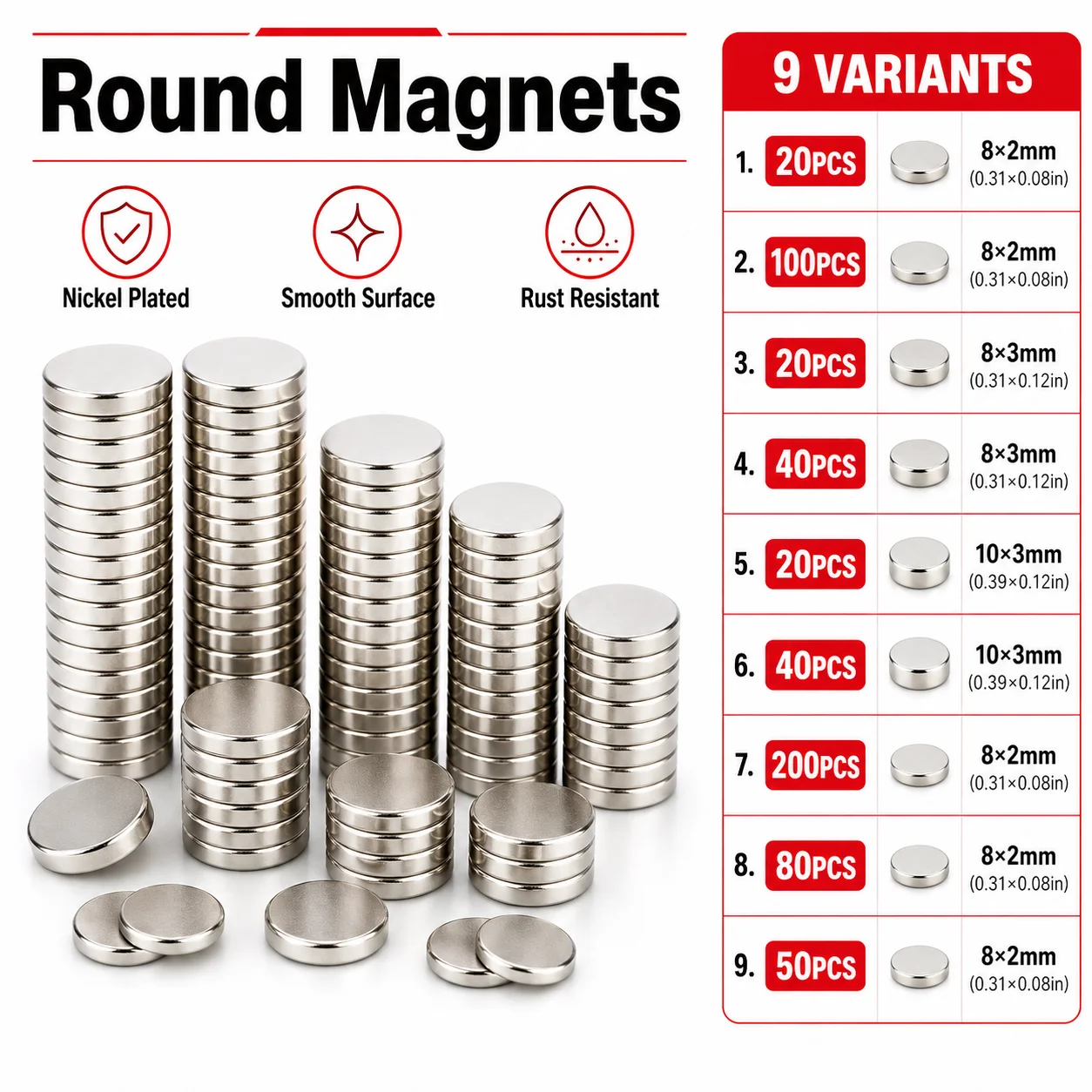 20-200 PCS 8x2mm 8x3mm 10x3mm Small Round Magnets, Mini Magnets for Refrigerator, Whiteboard, Office, Dry Erase Board, Crafts