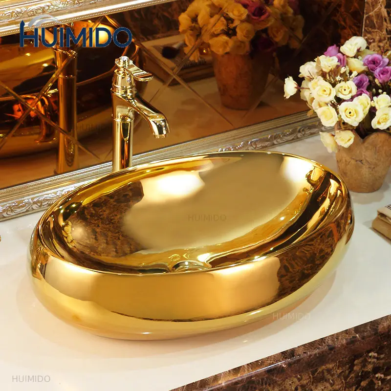 Ceramic gold oval countertop basin, art basin, European-style bathroom basin, washbasin, modern vintage washbasin