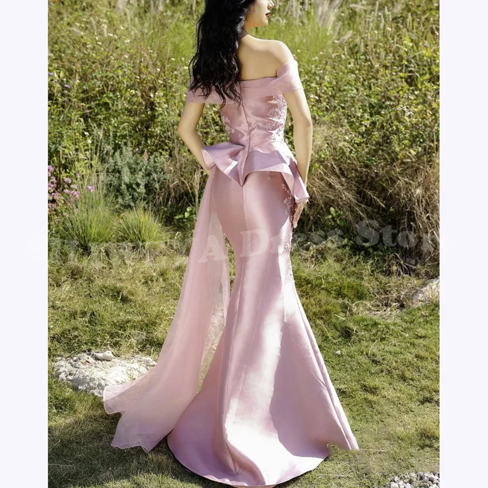 Robe de soirée en Satin rose clair, Chic, épaules dénudées, plissée, style sirène, robe de bal, longueur au sol, personnalisée