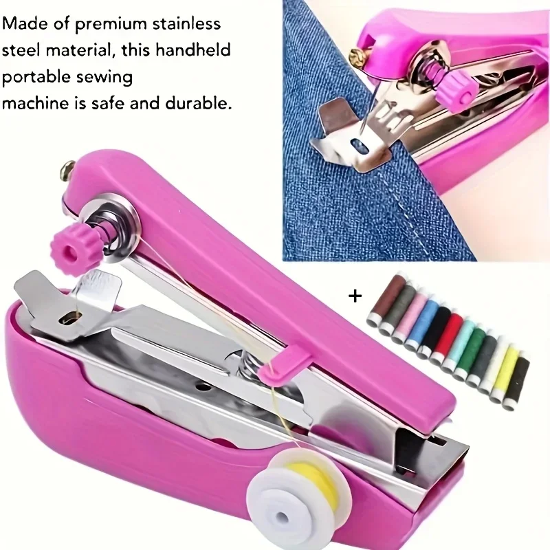 1 Set Mini Tragbare Handnähmaschine, Keine Stromversorgung Nötig + 12 Stück Polyesterfaden - Multifunktionales Schnellreparaturwerkzeug