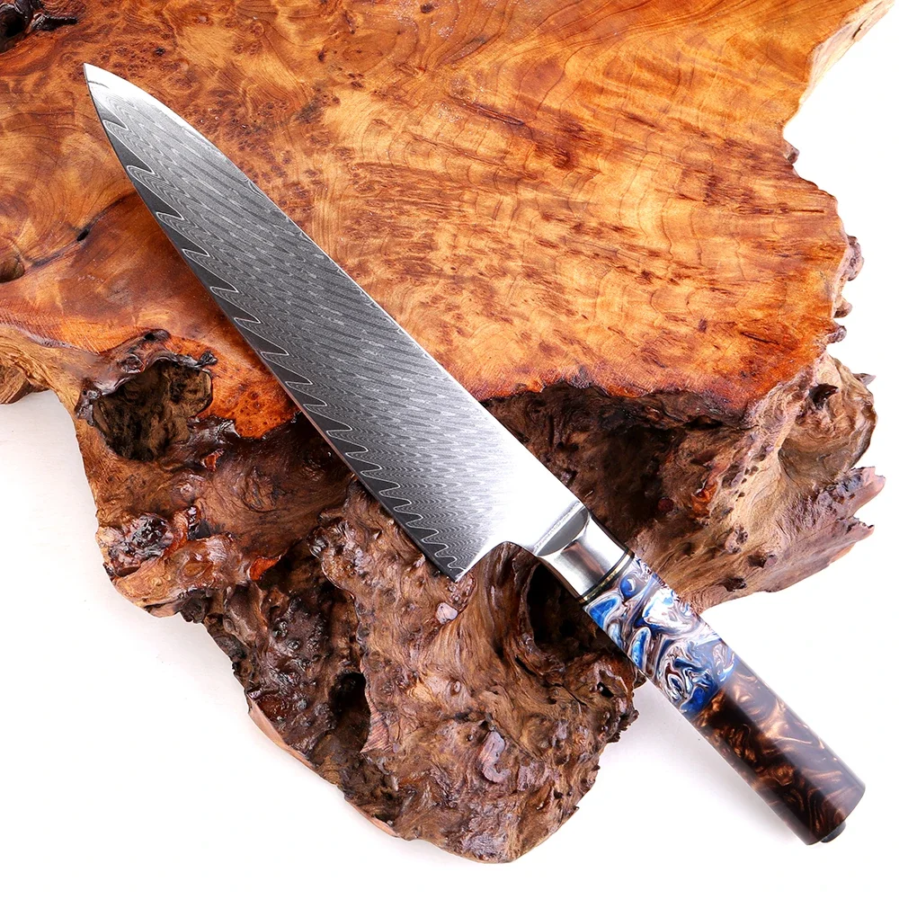 

Японский нож шеф-повара 8 дюймов, кухонный нож из дамасской стали, острый профессиональный нож для приготовления пищи для суши, мяса, овощей, синяя ручка из смолы