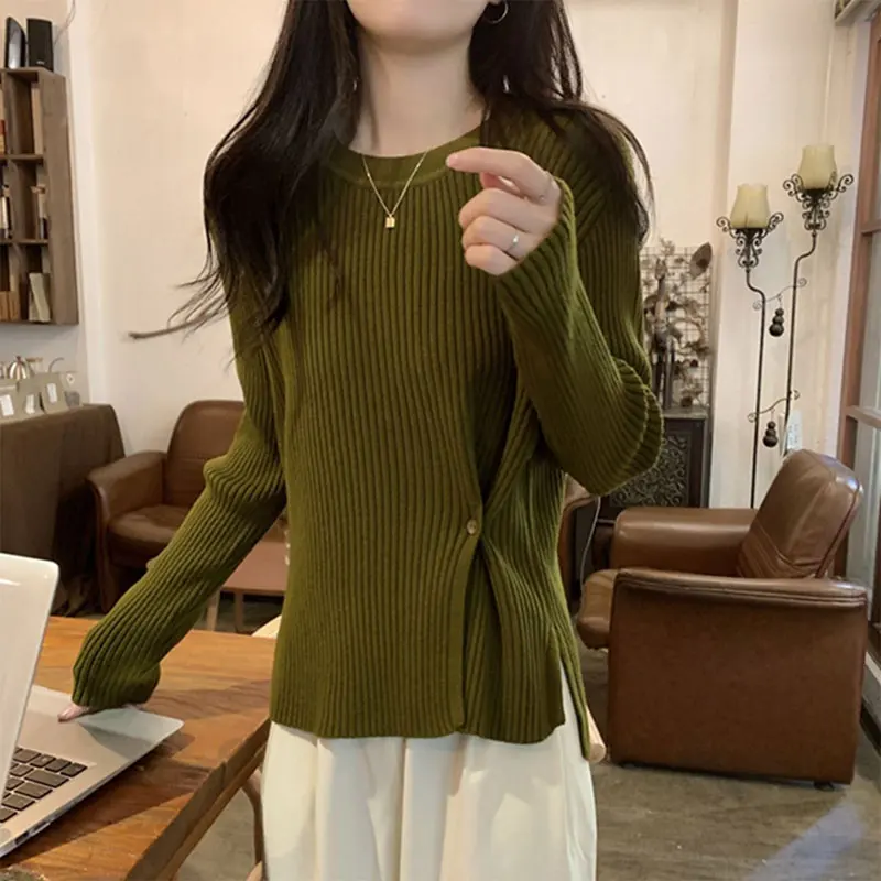 Casual O-Neck Knitted Sweaters Autumn Winter Solid Color Stylish Split Button Commute Women's Clothing Basic Long Sleeve Jumpers