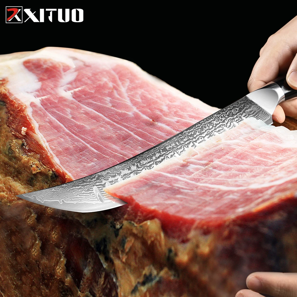 XITUO Damascus Steel Slicing Carving Knife Ultra Sharp Forged Brisket Knife Butcher Breaking Kitchen Knife Full Tang Handle