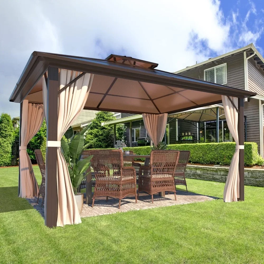 

%a 12'x12' Hardtop Gazebo, Outdoor Polycarbonate Double Roof Canopy, Aluminum Frame Permanent Pavilion with Curtains and Nettin
