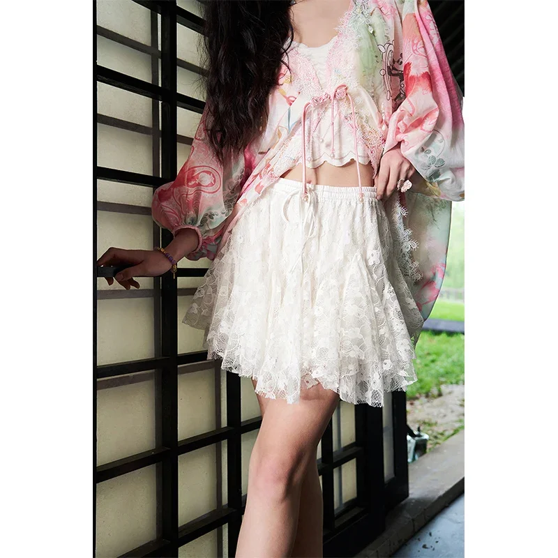 ELFSACK Elastic Waist Ruffled Flare Skirt, Shiny Lace A-Line Mini Skirt, Gothic Sweet Layered Short Skirt for Women