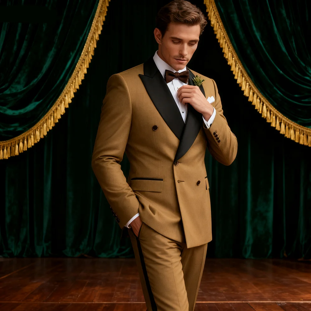 

AnnieBritney Men's Wedding Smoking Suit Double Breasted Blazer with Pants Fitted Solid Color 2-Piece Tuxedo for Men