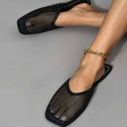 Summer Women Slippers Sexy Mesh Mules Indoor Home Slides Square Toe Female Flats Shoes Outdoor Clogs Beach Sandals Flip Flops 43