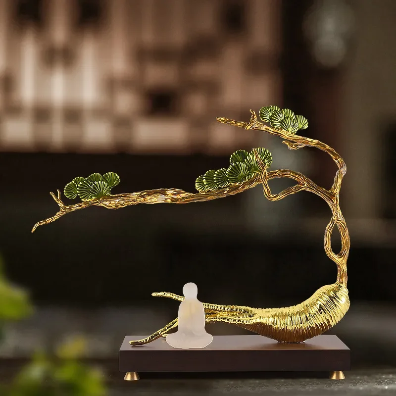 Vintage Chinese Ruyi Enamel Ornament with Walnut Base Retro Ginseng Design for Living Room TV Cabinet Office Desk Decor